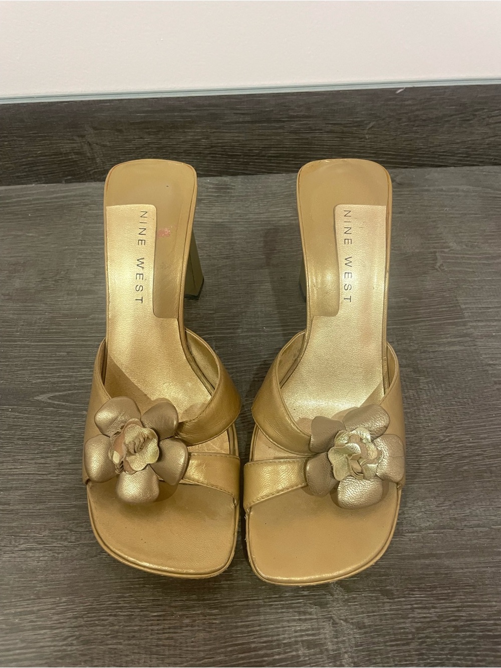 Nine West Metallic Gold Floral Mule Sandals